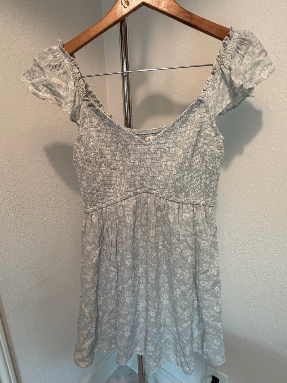Light Gray Blue Floral Smocked Mini Dress - Women with built in shorts